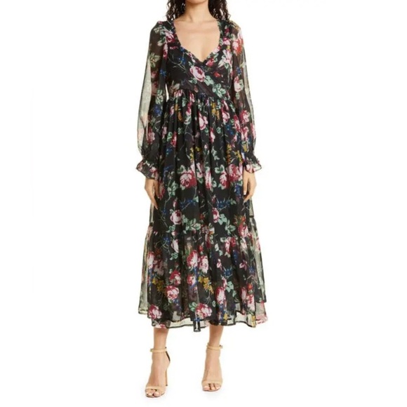 ByTiMo floral wrap bodice long sleeve chiffon dress midi puff sleeve - Picture 1 of 7